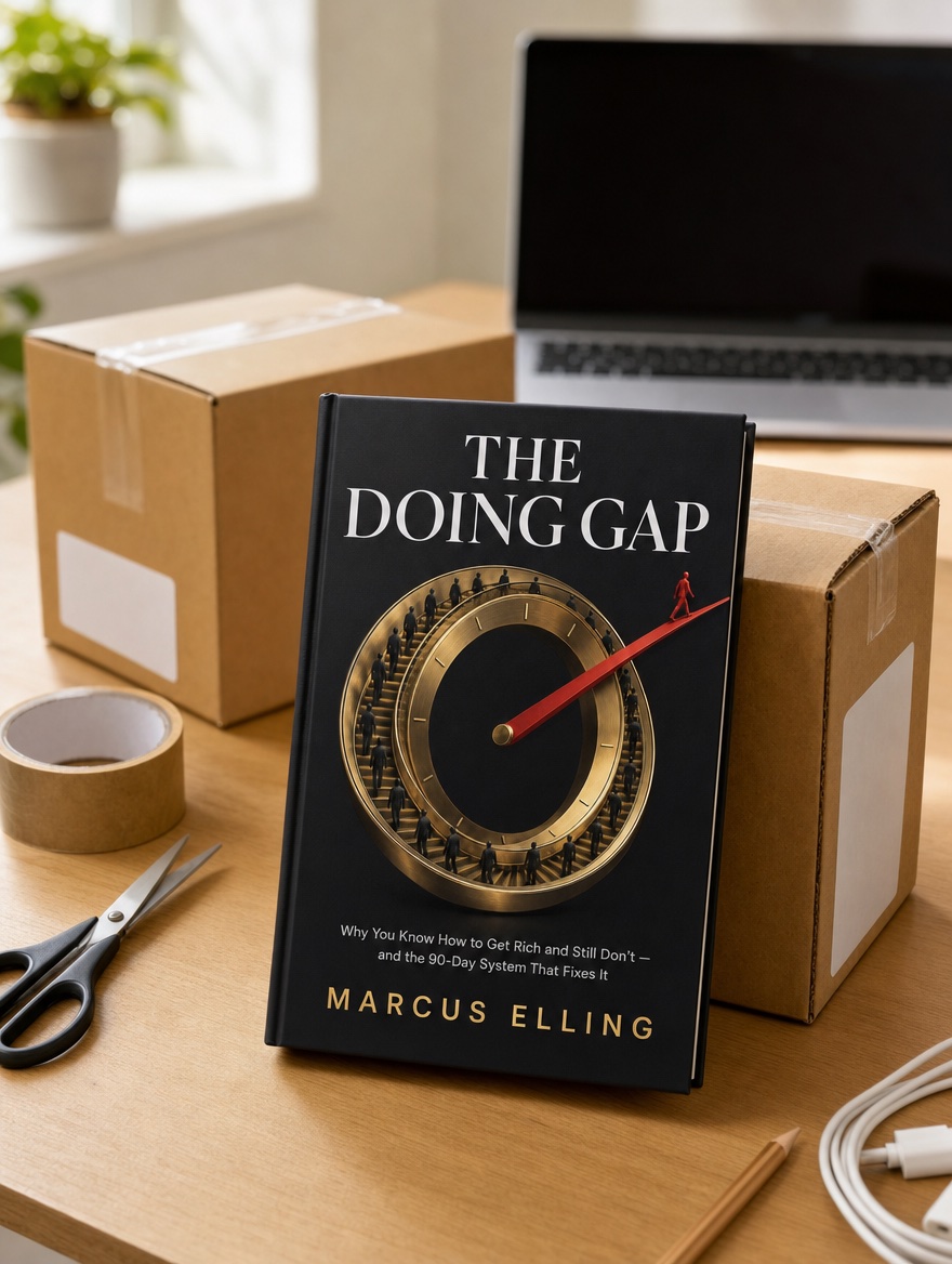 The Doing Gap leaning against packed shipping boxes on a bright desk
